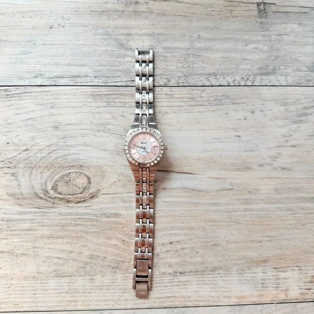 Relic Pink Dial Silver Tone Rhinestone Watch Y2K Glam Crystal Bracelet Date
